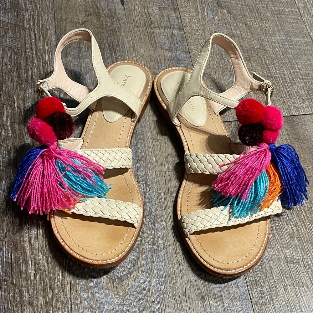Kate Spade Braided Leather Pom Pom Fringe Tassel Gladiator Sandals